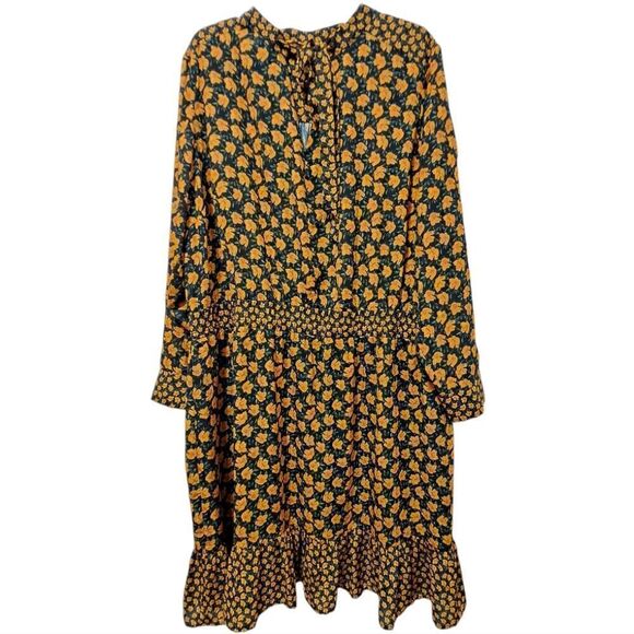 Sam Edelman Floral Print Smocked Tie Neck Flirty Flouncy Hem Siz 2x Yellow Black - Picture 1 of 17